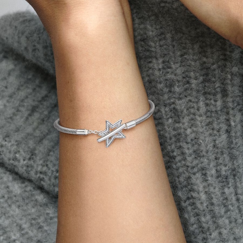 Pandora Moments Asymmetric Star T-bar Snake Chain Bracelet Sterling Silver | 84379-CHUX