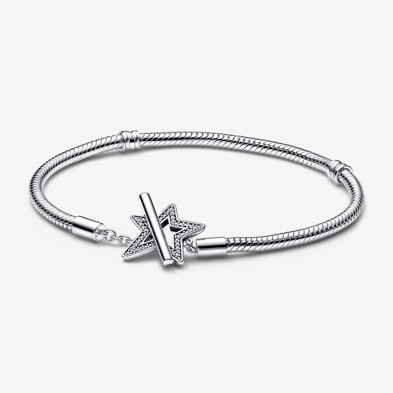 Pandora Moments Asymmetric Star T-bar Snake Chain Bracelet Sterling Silver | 84379-CHUX