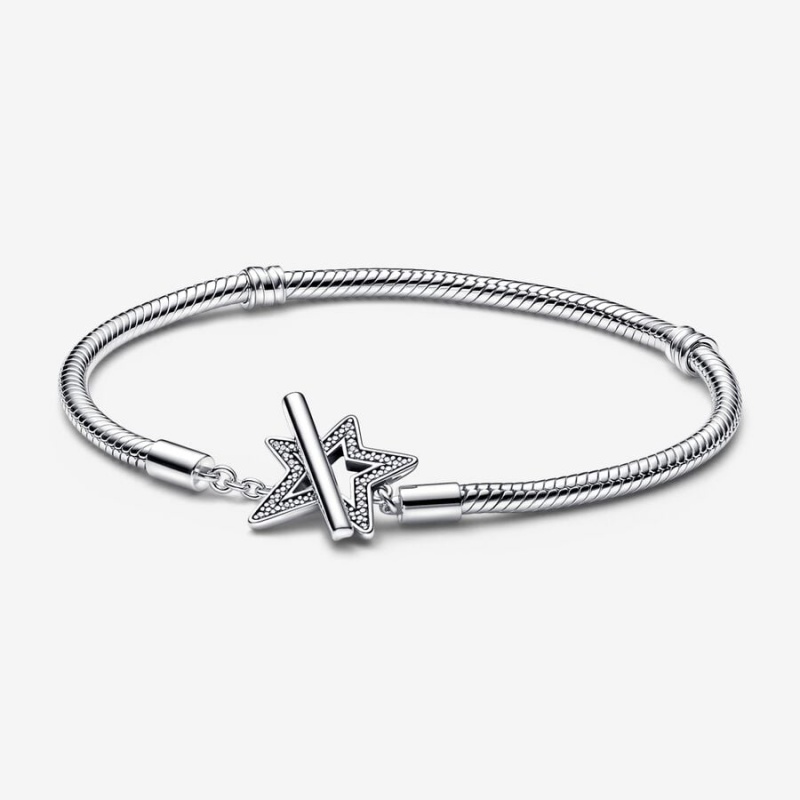 Pandora Moments Asymmetric Star T-bar Snake Chain Bracelet Sterling Silver | 80316-KCWT