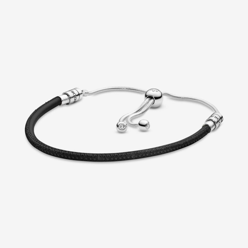 Pandora Moments Black Leather Slider Bracelet Sterling Silver | 06154-KXAG