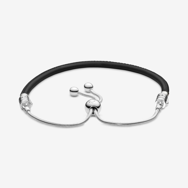 Pandora Moments Black Leather Slider Bracelet Sterling Silver | 97480-YPQM