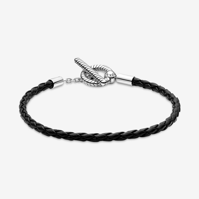 Pandora Moments Braided Leather T-bar Bracelet Sterling Silver | 13065-OTCZ