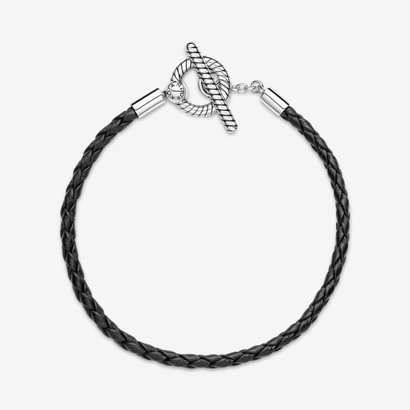 Pandora Moments Braided Leather T-bar Bracelet Sterling Silver | 13065-OTCZ