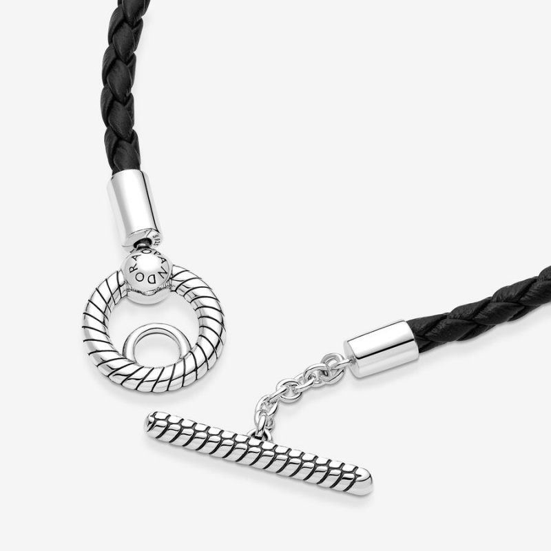 Pandora Moments Braided Leather T-bar Bracelet Sterling Silver | 13065-OTCZ