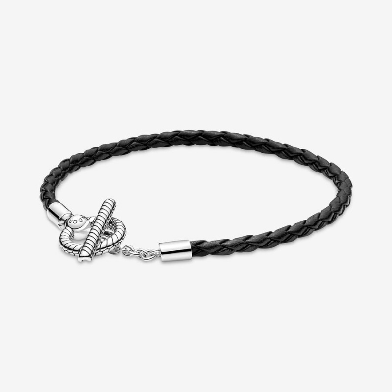 Pandora Moments Braided Leather T-bar Bracelet Sterling Silver | 13065-OTCZ