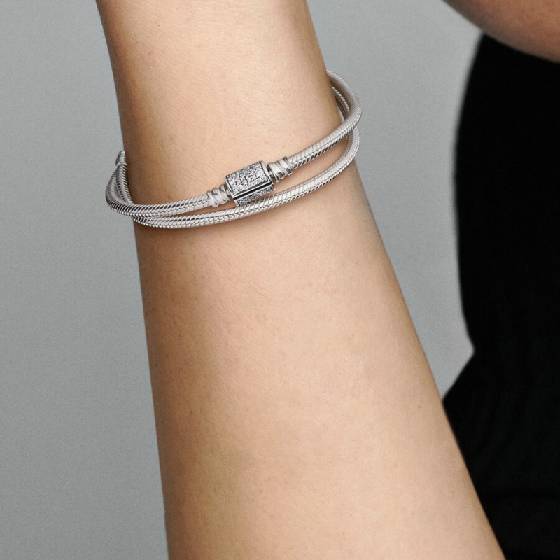 Pandora Moments Double Wrap Barrel Clasp Snake Chain Bracelet/Necklace Sterling Silver | 62854-JQXF