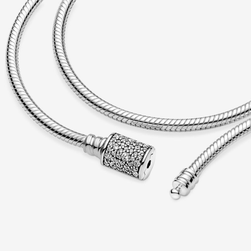 Pandora Moments Double Wrap Barrel Clasp Snake Chain Bracelet/Necklace Sterling Silver | 62854-JQXF