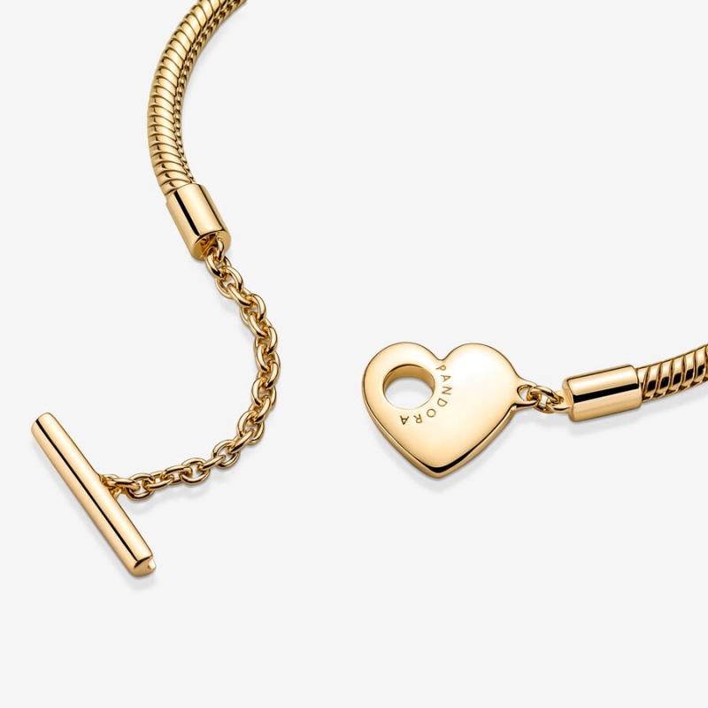 Pandora Moments Heart T-Bar Snake Chain Bracelet Gold Plated | 23750-KNTV