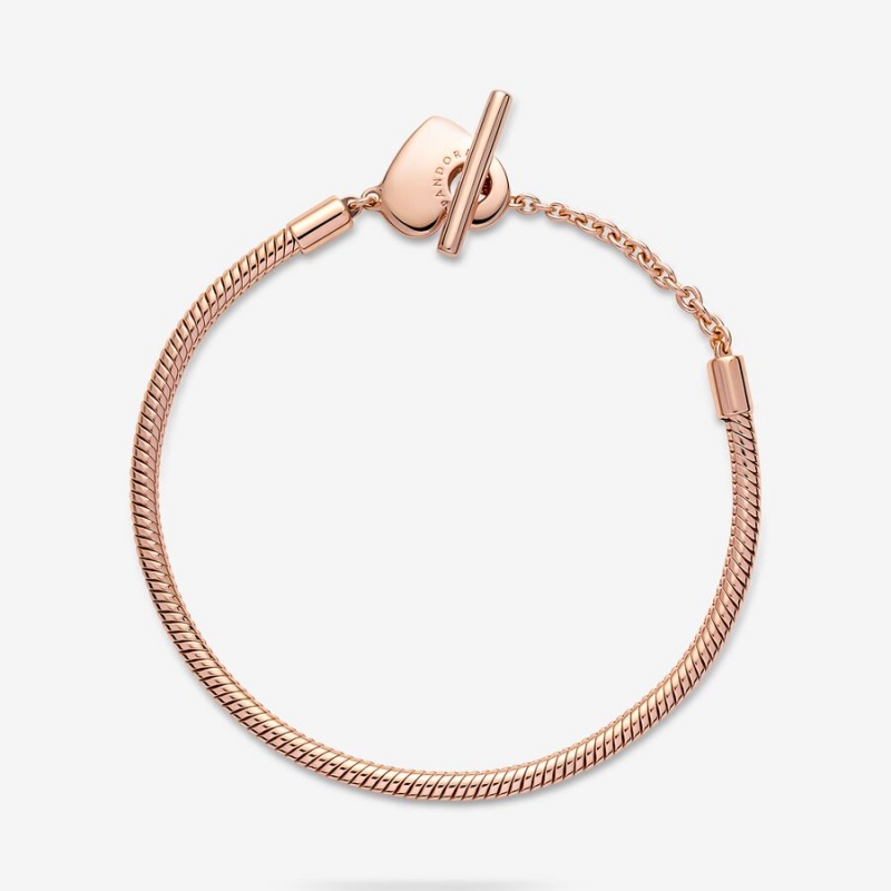 Pandora Moments Heart T-Bar Snake Chain Bracelet Rose Gold Plated | 45367-WINC