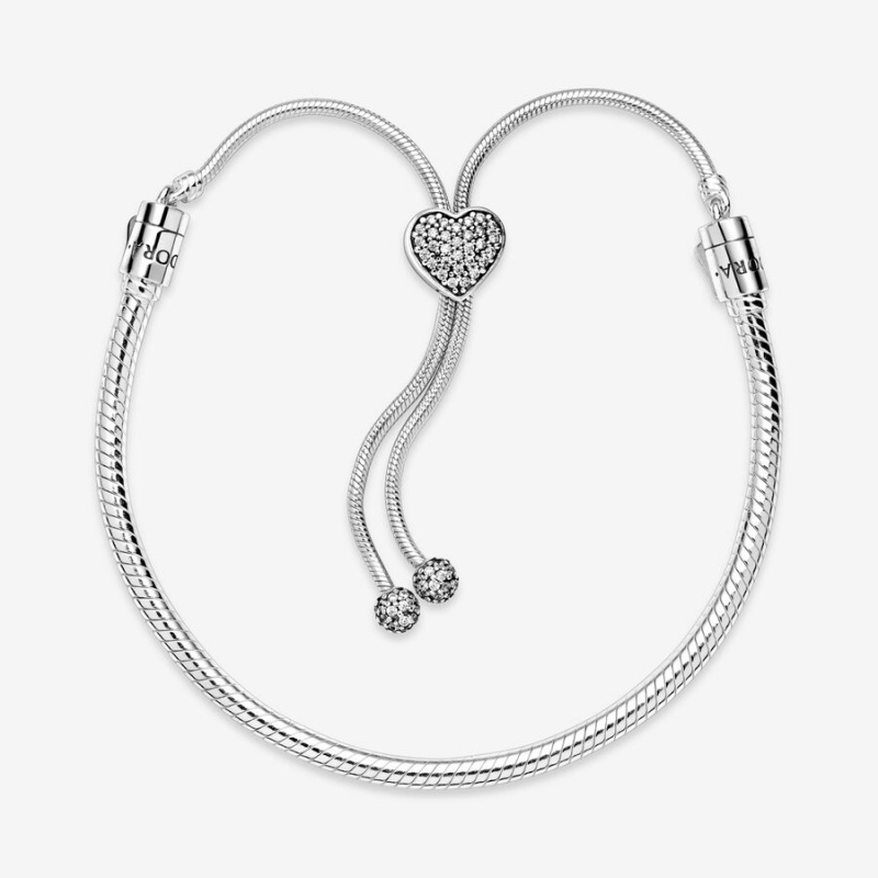 Pandora Moments Pavé Heart Clasp Snake Chain Slider Bracelet Sterling Silver | 60512-CSTR