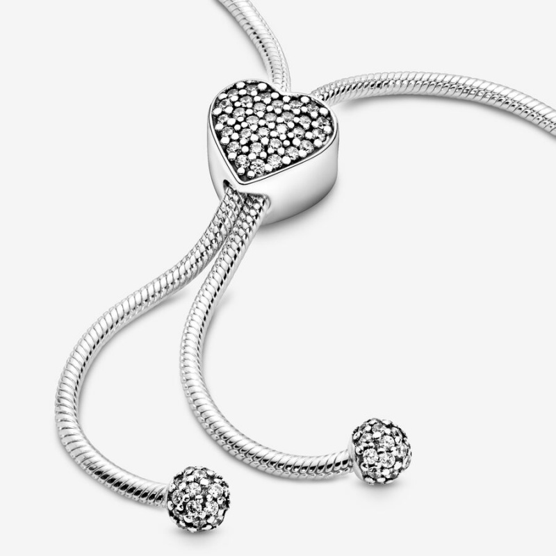 Pandora Moments Pavé Heart Clasp Snake Chain Slider Bracelet Sterling Silver | 60512-CSTR