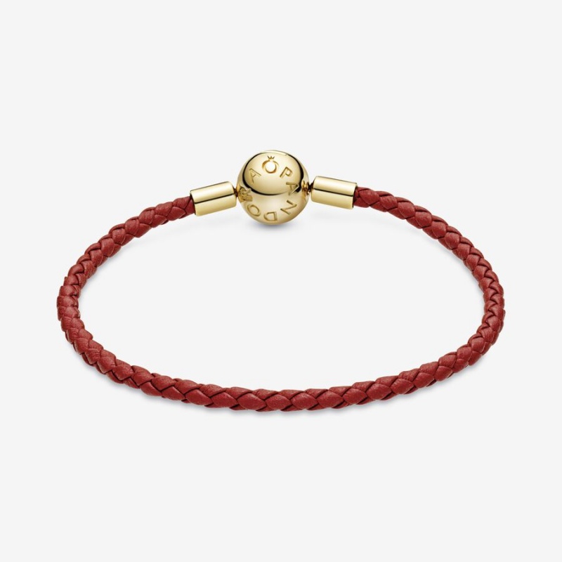 Pandora Moments Red Woven Leather Bracelet Gold Plated | 61378-CPSN