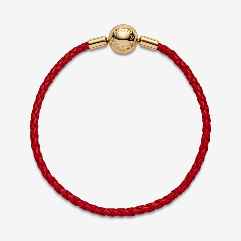 Pandora Moments Red Woven Leather Bracelet Gold Plated | 61378-CPSN