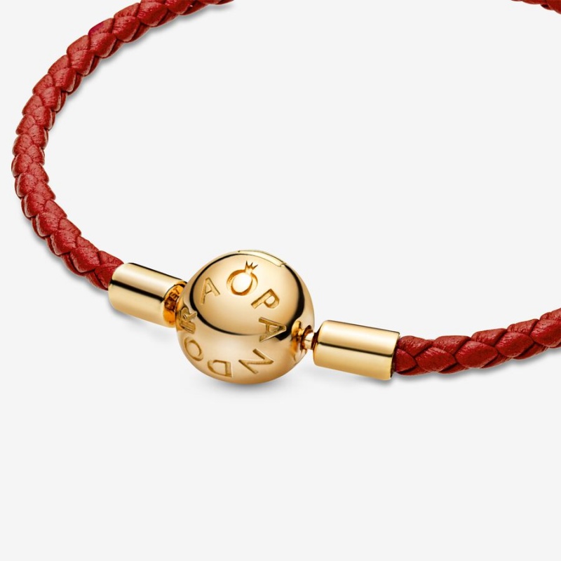 Pandora Moments Red Woven Leather Bracelet Gold Plated | 61378-CPSN