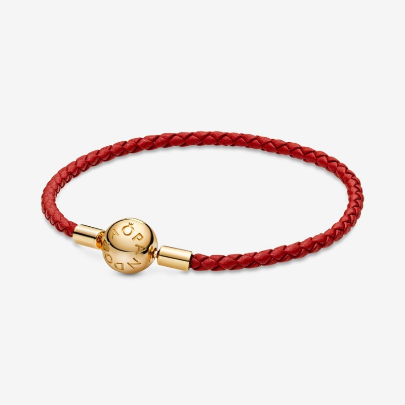 Pandora Moments Red Woven Leather Bracelet Gold Plated | 61378-CPSN