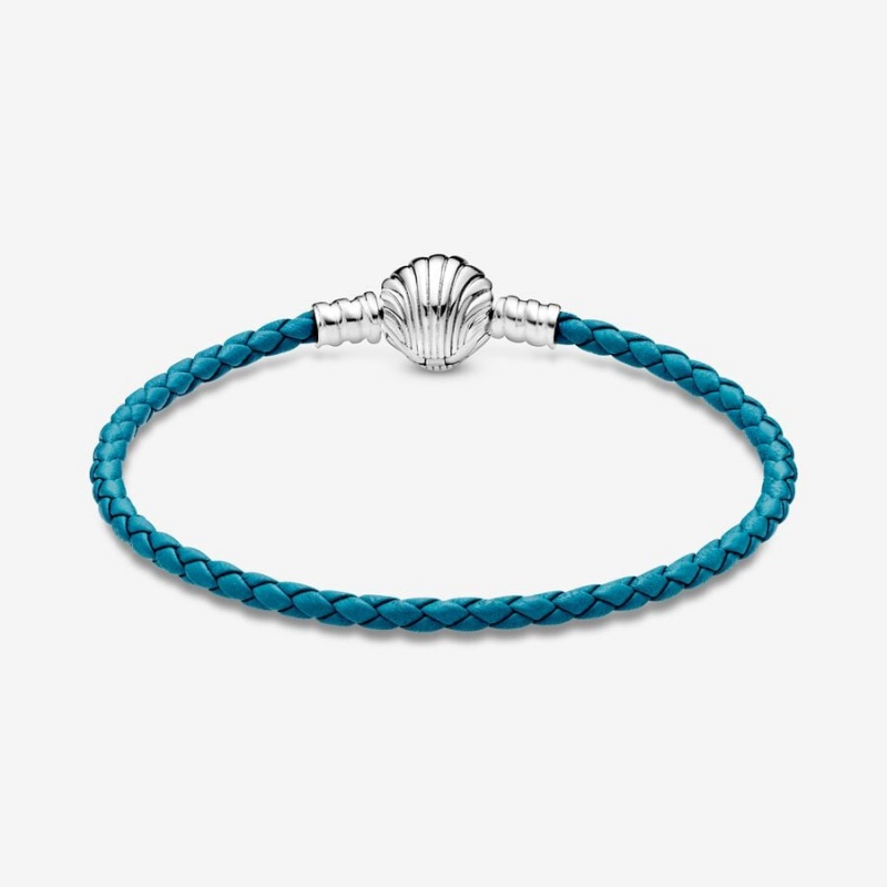 Pandora Moments Seashell Clasp Turquoise Braided Leather Bracelet Sterling Silver | 16738-DPAB