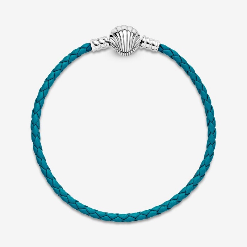 Pandora Moments Seashell Clasp Turquoise Braided Leather Bracelet Sterling Silver | 16738-DPAB