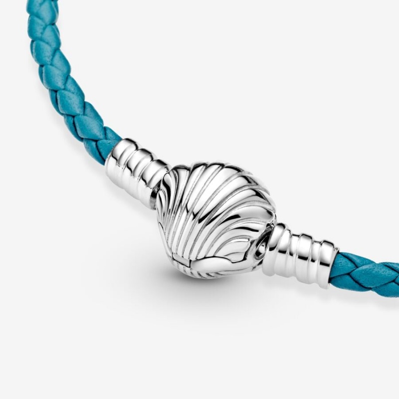 Pandora Moments Seashell Clasp Turquoise Braided Leather Bracelet Sterling Silver | 16738-DPAB