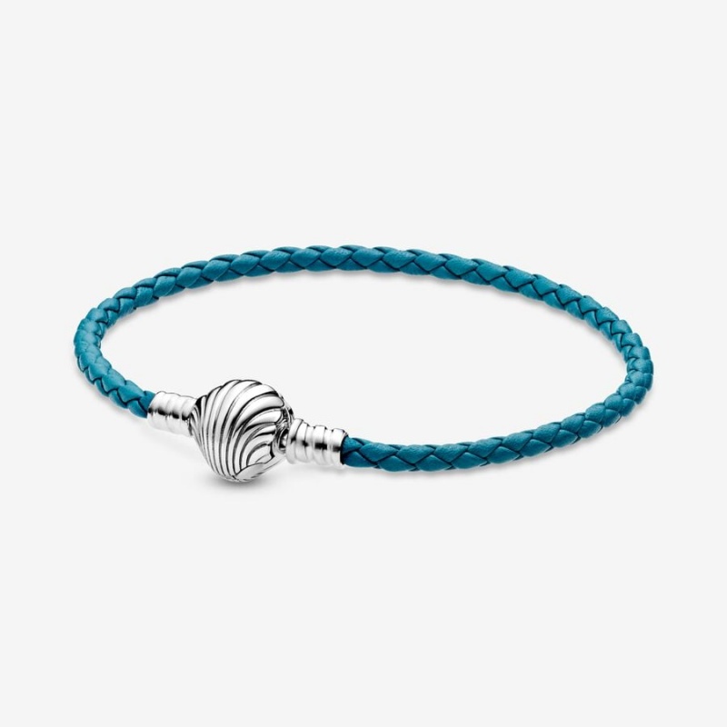 Pandora Moments Seashell Clasp Turquoise Braided Leather Bracelet Sterling Silver | 16738-DPAB