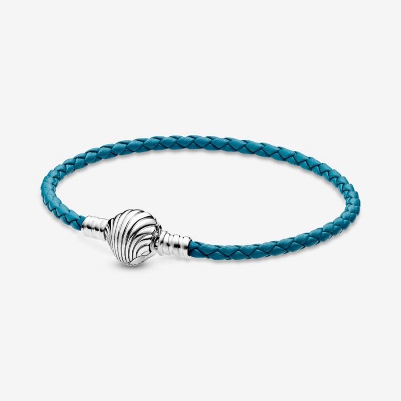 Pandora Moments Seashell Clasp Turquoise Braided Leather Bracelet Sterling Silver | 49175-HUSP