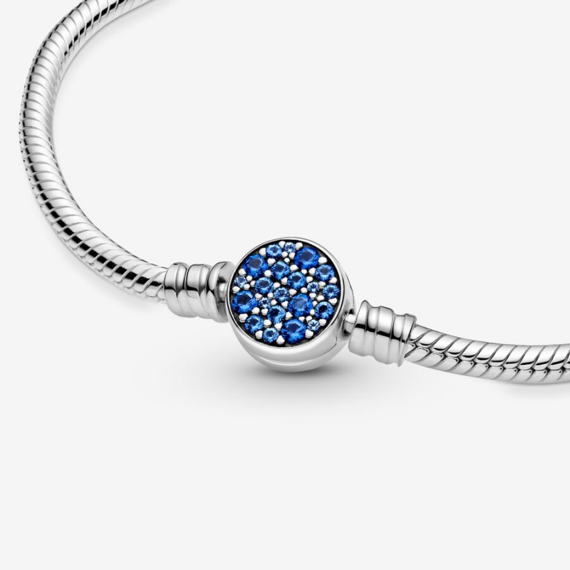 Pandora Moments Sparkling Blue Disc Clasp Snake Chain Bracelet Sterling Silver | 20617-NIWP