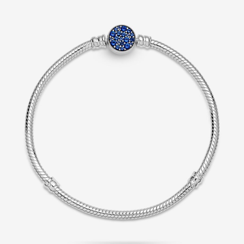 Pandora Moments Sparkling Blue Disc Clasp Snake Chain Bracelet Sterling Silver | 20617-NIWP