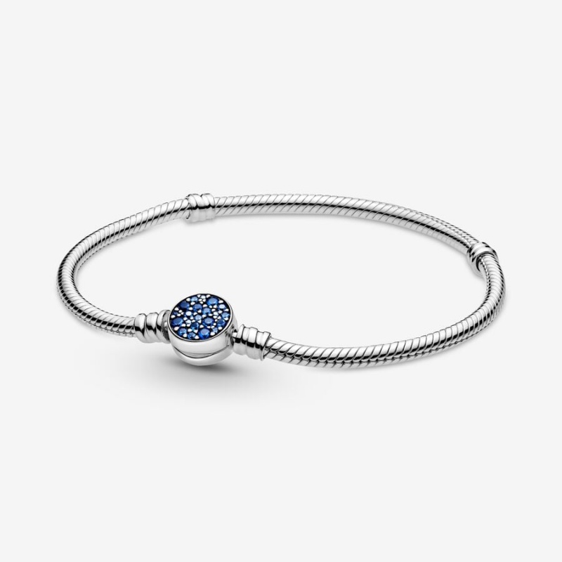 Pandora Moments Sparkling Blue Disc Clasp Snake Chain Bracelet Sterling Silver | 20617-NIWP