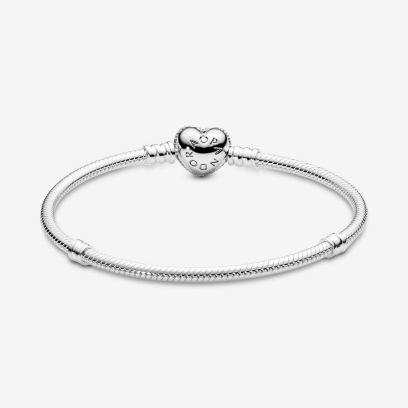 Pandora Moments Sparkling Heart Clasp Snake Chain Bracelet Sterling Silver | 02713-MJNU