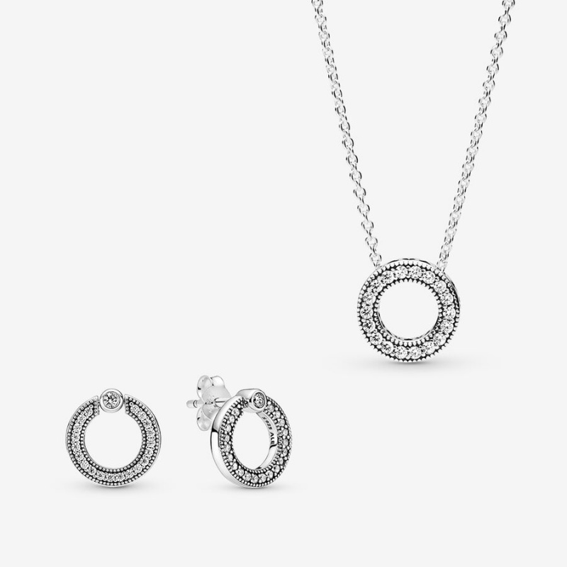 Pandora Pavé and Logo Circle Necklace and Earring Set | 38025-YODG