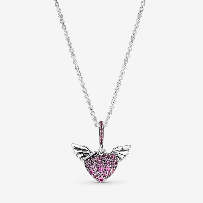 Pandora Pavé Heart & Angel Wings Necklace Sterling Silver | 43815-NDXM