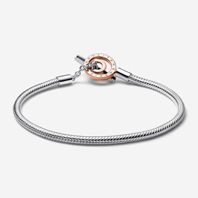 Pandora Signature Two-tone Logo T-Bar Snake Chain Bracelet Two-tone | 80746-FSLW