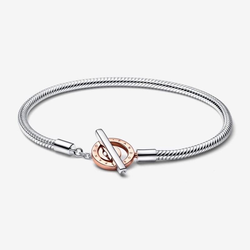 Pandora Signature Two-tone Logo T-Bar Snake Chain Bracelet Two-tone | 80746-FSLW