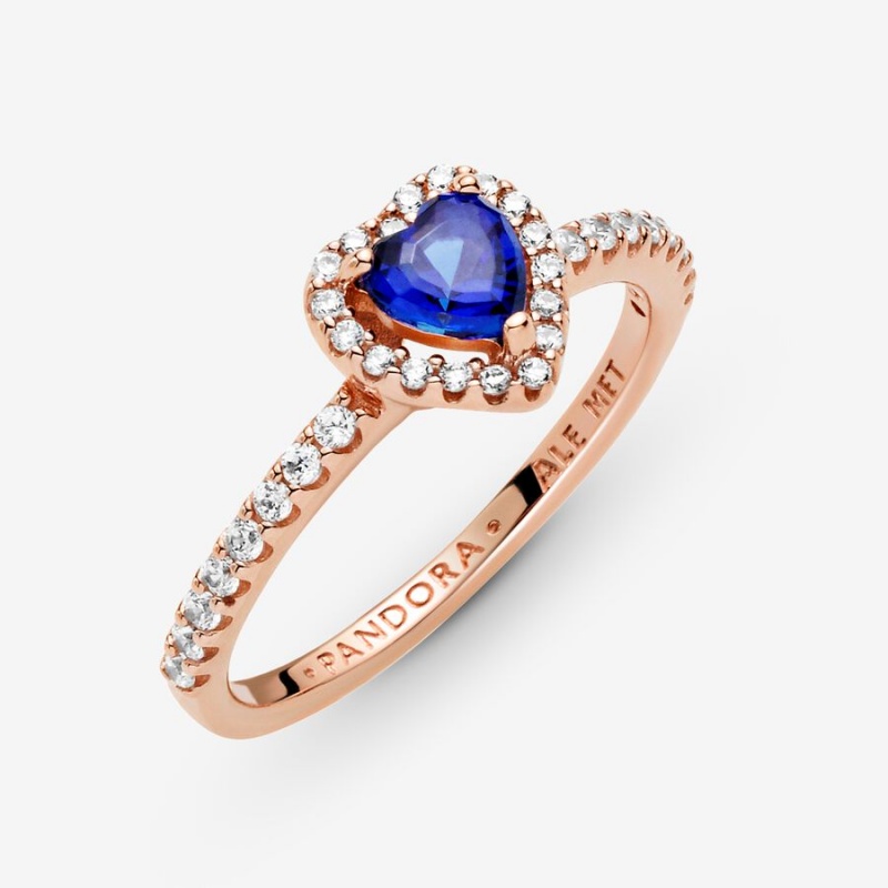 Pandora Sparkling Blue Elevated Heart Ring Rose Gold Plated | 16592-TDJL