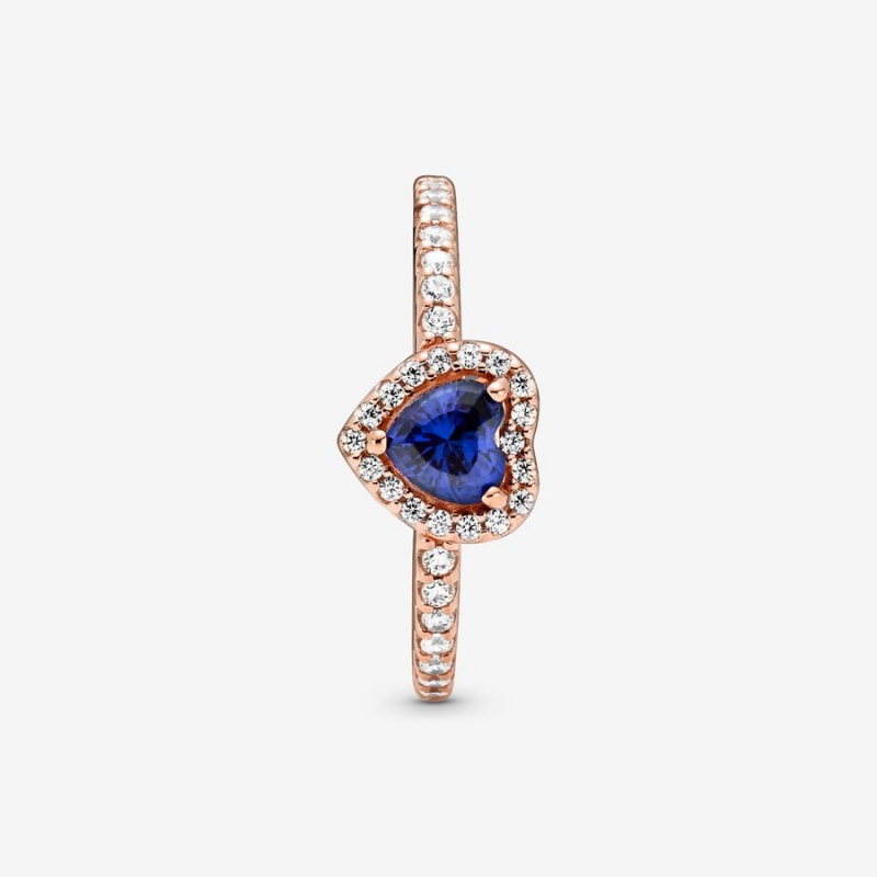 Pandora Sparkling Blue Elevated Heart Ring Rose Gold Plated | 16592-TDJL