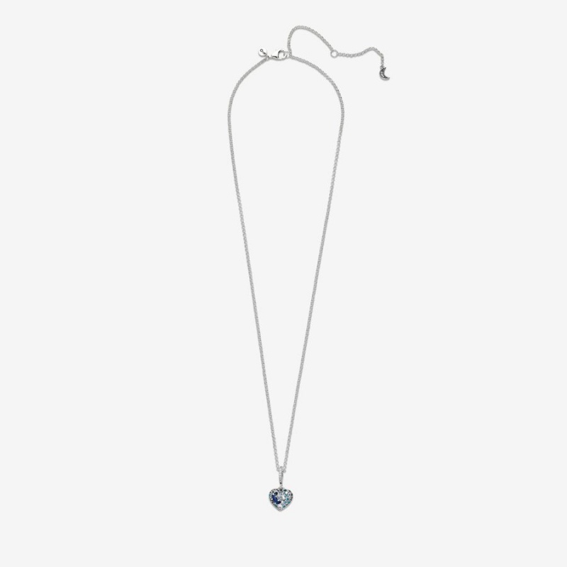 Pandora Sparkling Blue Moon & Stars Heart Necklace Sterling Silver | 89754-YQJW