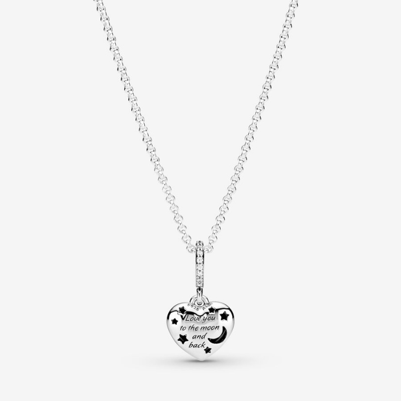 Pandora Sparkling Blue Moon & Stars Heart Necklace Sterling Silver | 89754-YQJW