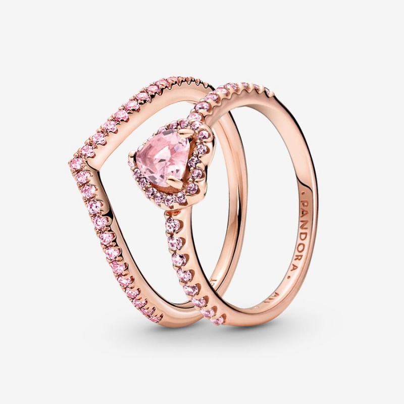 Pandora Sparkling Pink Heart Wishbone Ring Set | 98175-EJSM