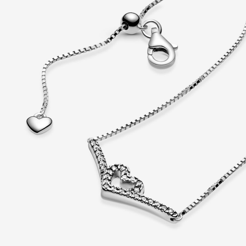 Pandora Sparkling Wishbone Heart Collier Necklace Sterling Silver | 13065-WGHX