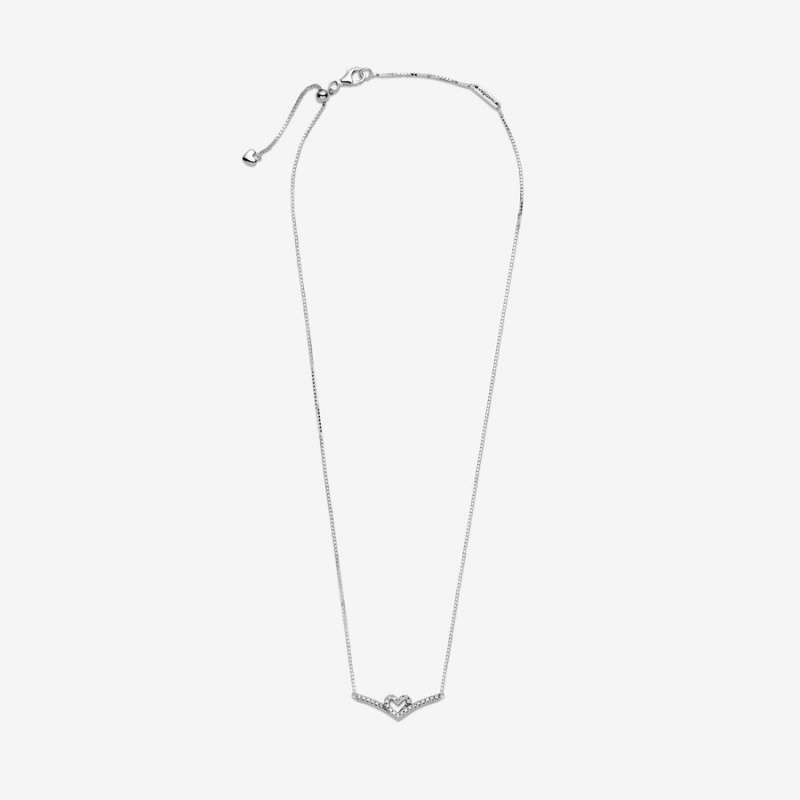 Pandora Sparkling Wishbone Heart Collier Necklace Sterling Silver | 13065-WGHX