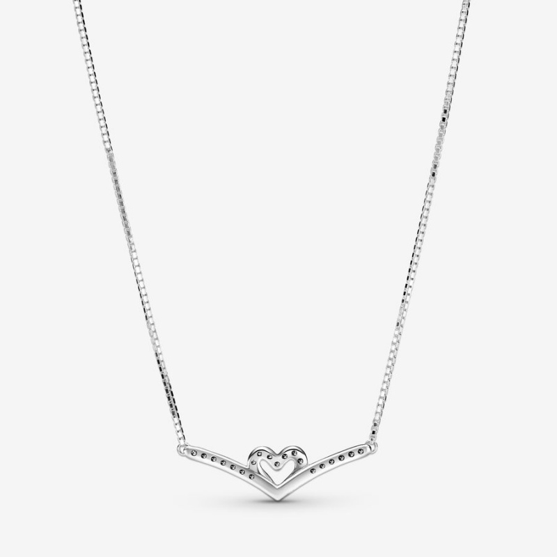 Pandora Sparkling Wishbone Heart Collier Necklace Sterling Silver | 13065-WGHX