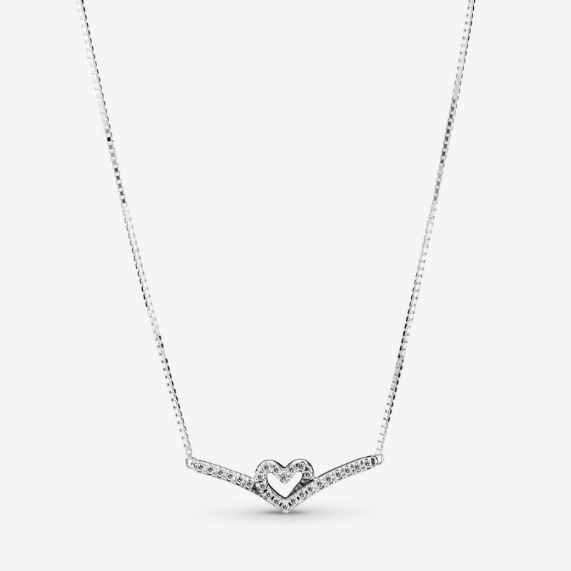 Pandora Sparkling Wishbone Heart Collier Necklace Sterling Silver | 13065-WGHX