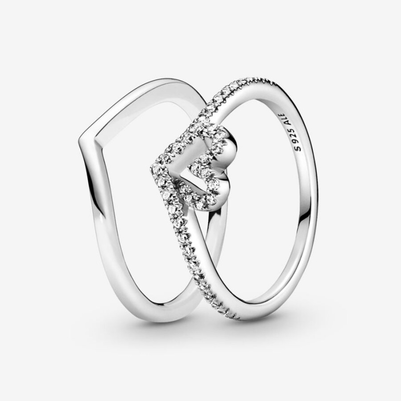 Pandora Sparkling Wishbone Heart Ring Set | 25913-QBMU