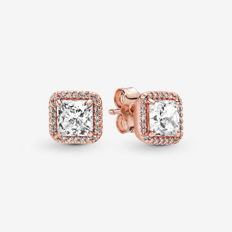 Pandora Square Sparkle Halo Stud Earrings Rose Gold Plated | 27465-BWIL