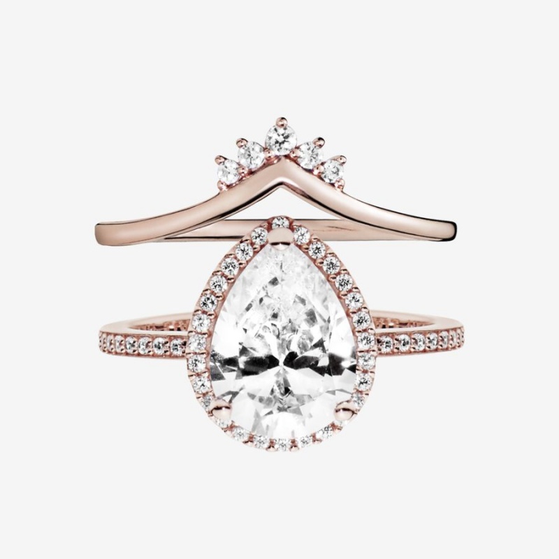 Pandora Teardrop Halo Wishbone Stacking Ring Set | 42136-QFLJ