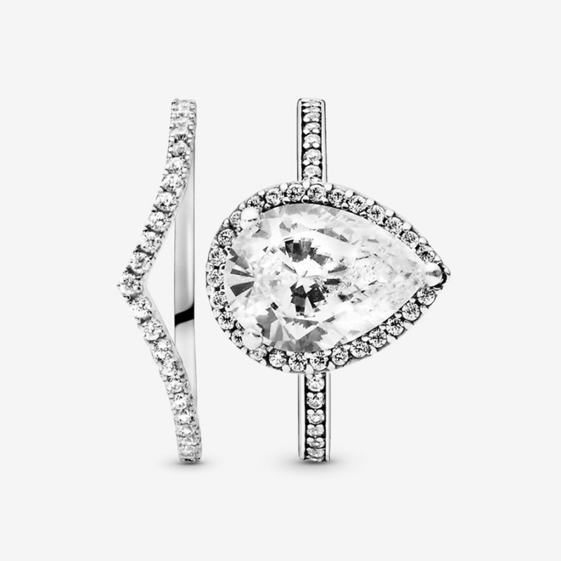 Pandora Teardrop Halo and Wishbone Stacking Ring Set | 34685-QZYK