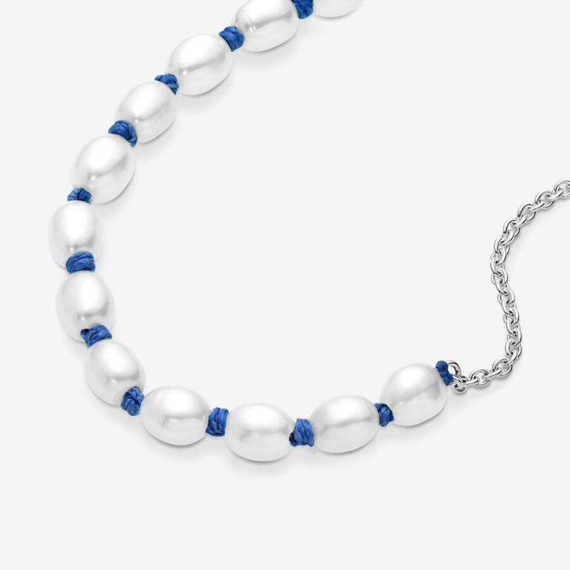 Pandora Treated Freshwater Cultured Pearl Blue Cord Chain Bracelet Sterling Silver | 36572-ZOTQ