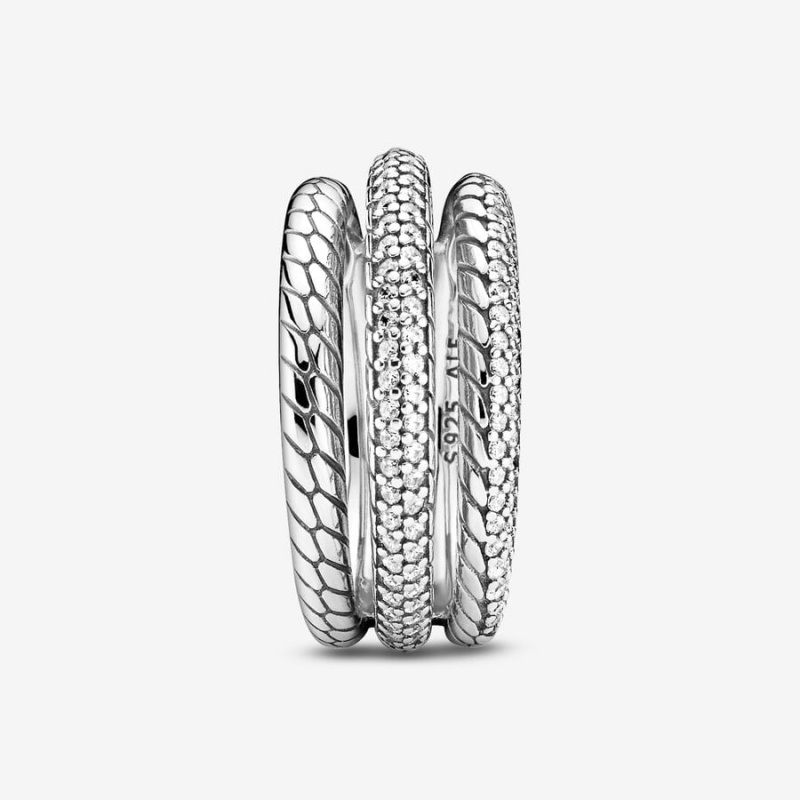 Pandora Triple Band Pavé Snake Chain Pattern Ring Sterling Silver | 94578-MFZA