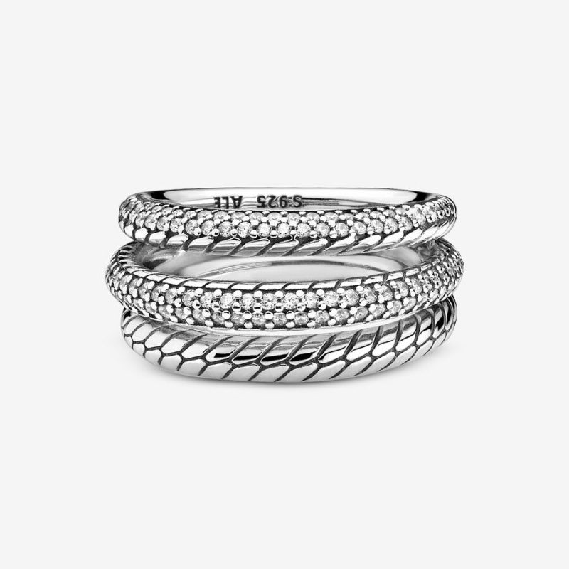 Pandora Triple Band Pavé Snake Chain Pattern Ring Sterling Silver | 94578-MFZA