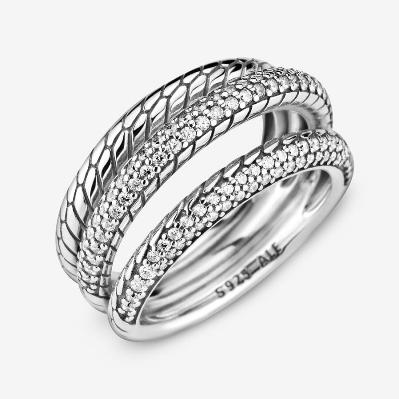 Pandora Triple Band Pavé Snake Chain Pattern Ring Sterling Silver | 94578-MFZA