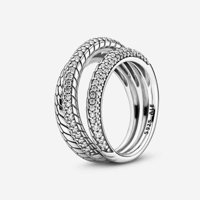 Pandora Triple Band Pavé Snake Chain Pattern Ring Sterling Silver | 94578-MFZA